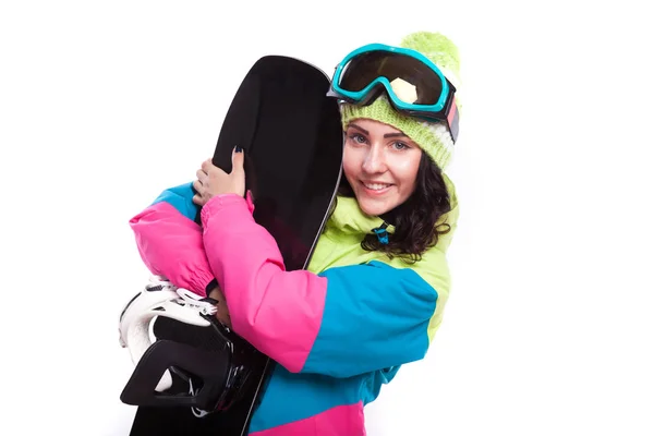 Femme en costume de ski avec snowboard — Photo