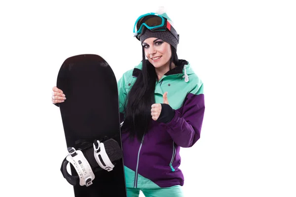 Femme en costume de ski violet avec snowboard — Photo