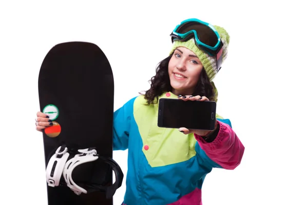 Femme en costume de ski avec snowboard — Photo