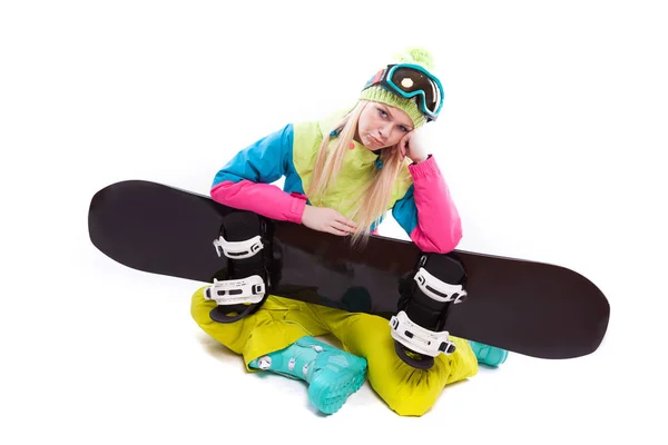 Belle jeune femme avec snowboard — Photo
