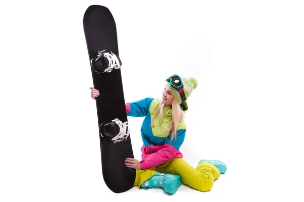 Beautiful young woman with snowboard — Stock Photo, Image