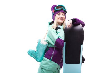 güzel genç kadın snowboard ile