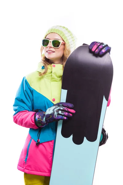 Pretty girl in ski suit with snowboard — Stock Photo, Image