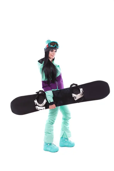 Femme en costume de ski violet avec snowboard — Photo