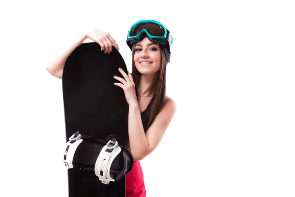 Delgada joven mujer sostiene snowboard — Foto de Stock