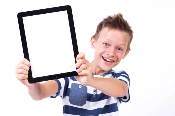 Colegial feliz con la tableta — Foto de Stock