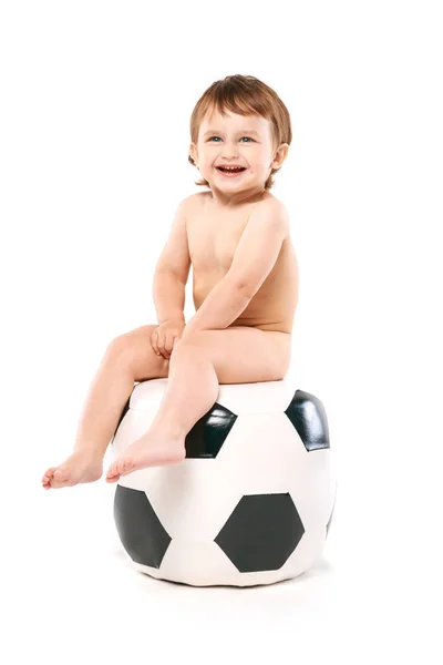 Baby on big soccer ball — Stock Photo, Image