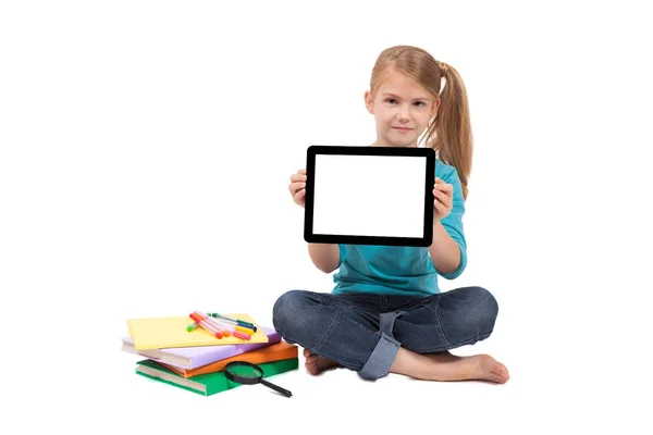 Schoolgirl presenting tablet — Stock Photo, Image