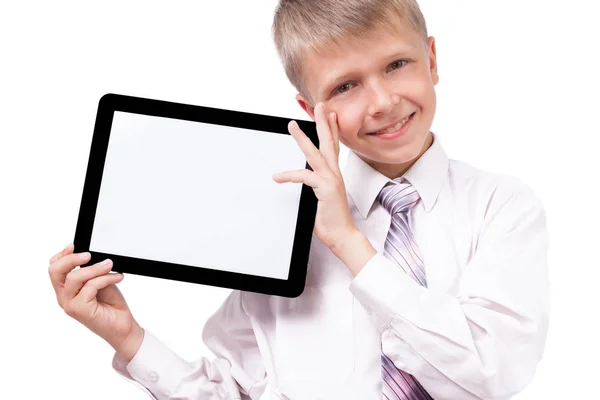 Niño de escuela en camisa con tableta — Foto de Stock