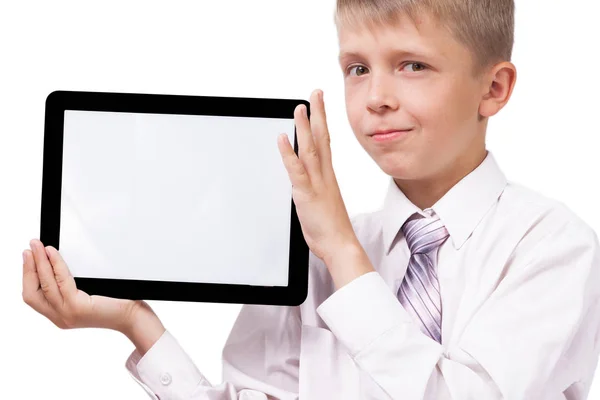 Niño de escuela en camisa con tableta —  Fotos de Stock