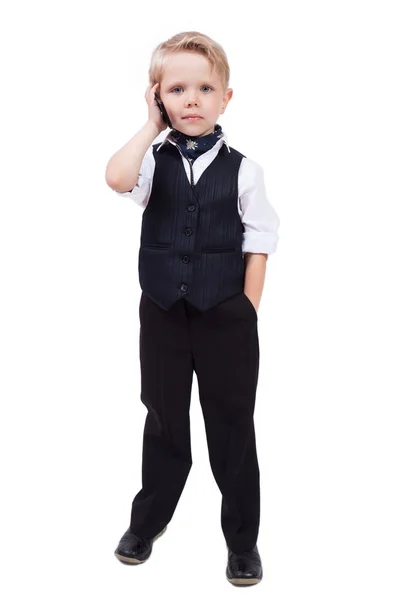 Pequeno estudante com telefone — Fotografia de Stock