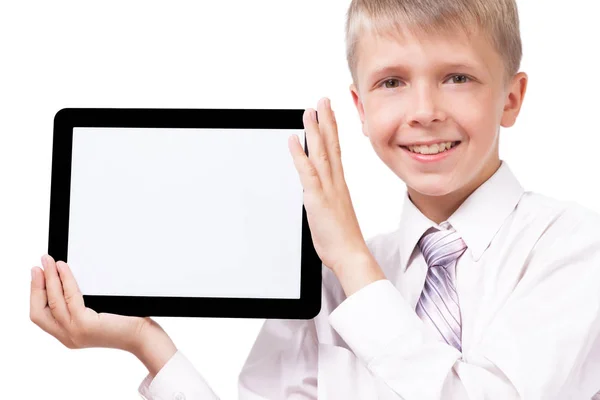 Niño de escuela en camisa con tableta —  Fotos de Stock