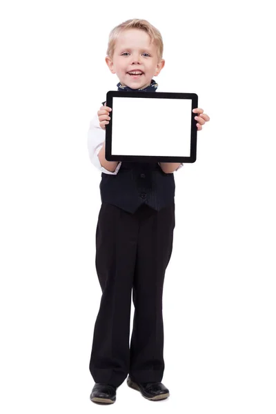 School boy in suit with tablet — Stock Photo, Image