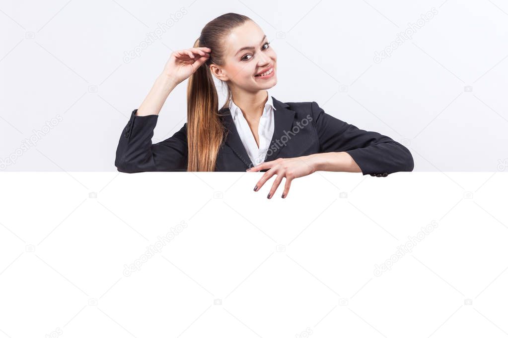 Young businesswoman over whiteboard 