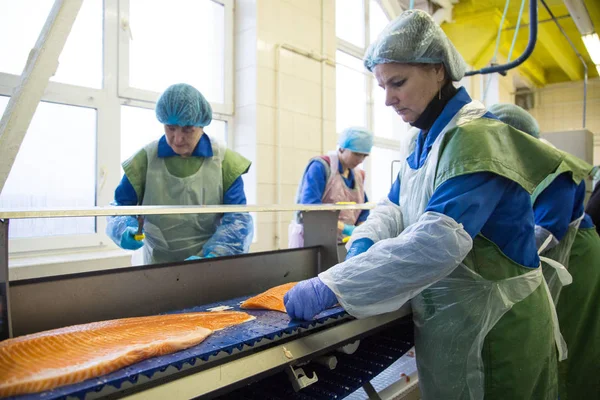 Arbetstagare på fiskfabriken — Stockfoto