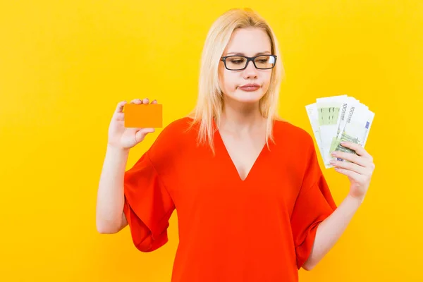 Beautiful Young Woman Red Dress Posing Blank Business Card Dollar — Stock Photo, Image