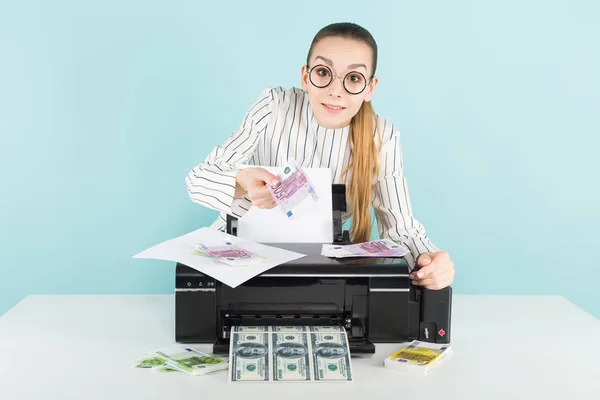 Pretty girl in stylish eyeglasses printing fake money on modern printer