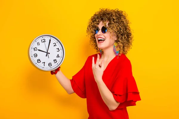 Attractive Young Curly Haired Woman Red Dress Holding Wall Clock — Stock Photo, Image