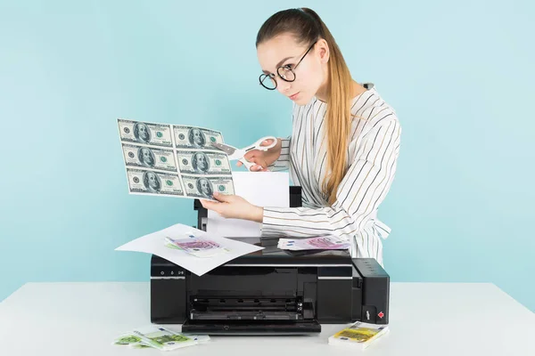 Pretty girl in stylish eyeglasses printing fake money on modern printer
