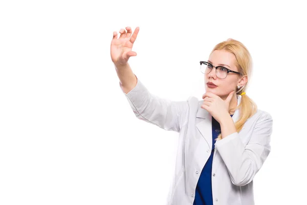 Young Female Doctor Touching Blank Space — Stock Photo, Image