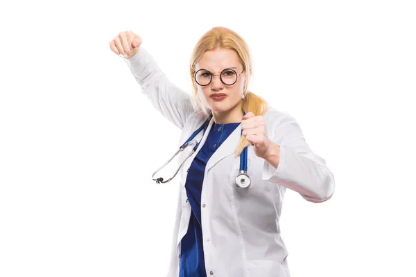 Doctora Joven Luchando Aislada Sobre Fondo Blanco —  Fotos de Stock