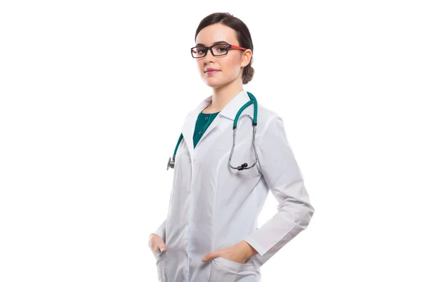 Young Female Doctor Stethoscope Holding Hands Pockets — Stock Photo, Image