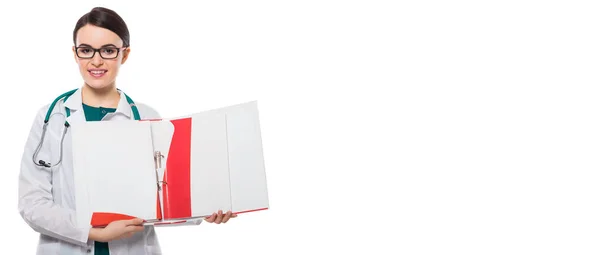 Young Female Doctor Holding File Folders Isolated White Background — Stock Photo, Image