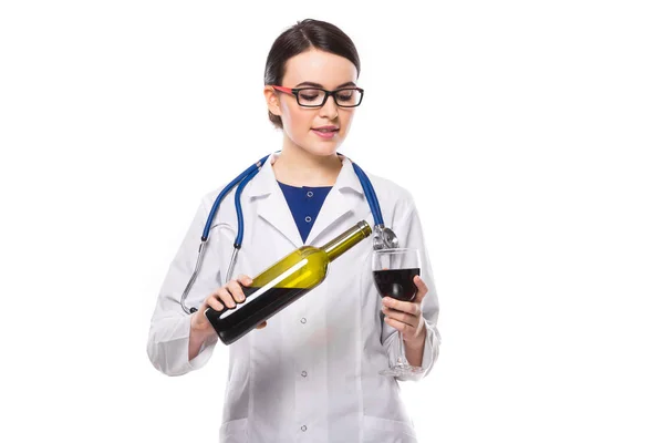 Young Female Doctor Stethoscope Pouring Red Wine Glass Stock Picture