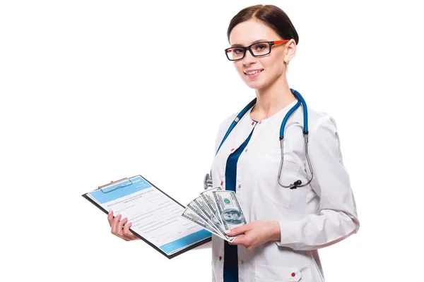 Jovem Médico Segurando Prancheta Dinheiro — Fotografia de Stock