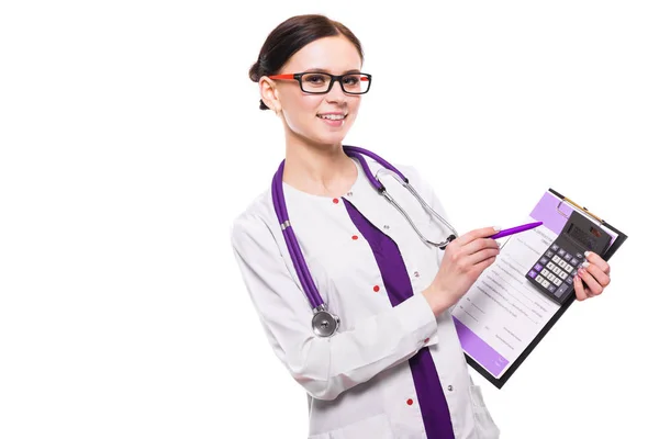 Jovem Médico Segurando Prancheta Calculadora — Fotografia de Stock