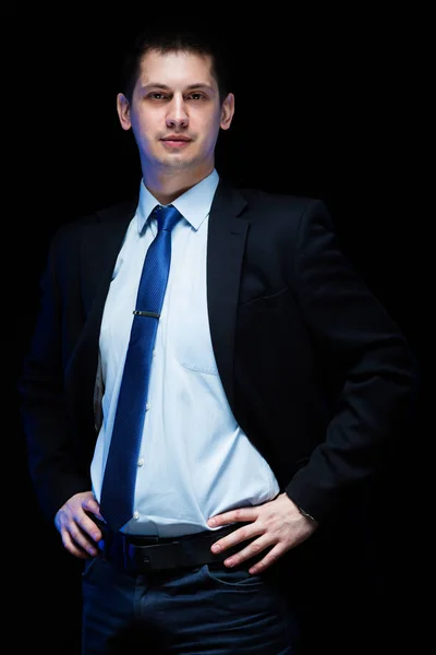 Young Handsome Man Stylish Suit Dark Studio Background — Stock Photo, Image