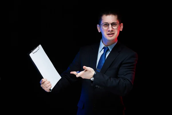 Young Handsome Man Stylish Suit Holding Clipboard — Stock Photo, Image