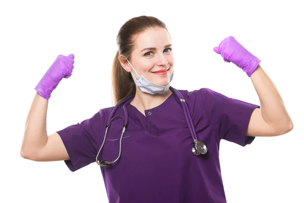 Doctora Joven Mostrando Sus Músculos Aislados Blanco — Foto de Stock