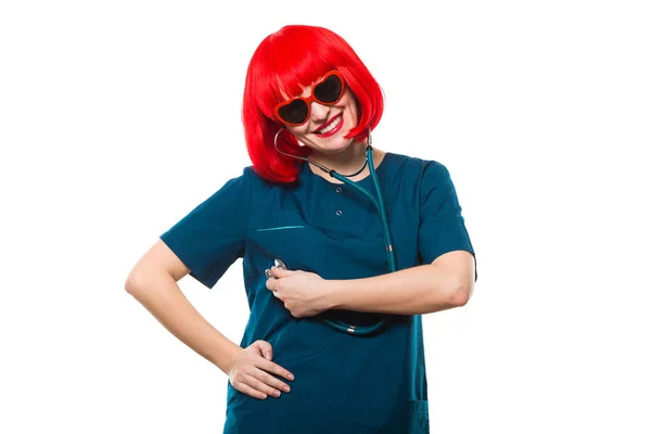 Young Female Doctor Red Wig Checking Her Heartbeat — Stock Photo, Image