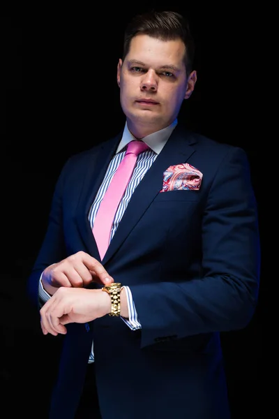 Young Handsome Man Showing Time Wrist Watch — Stock Photo, Image