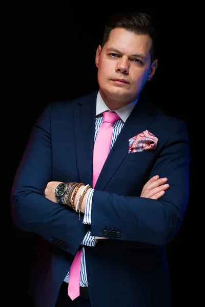 Young Handsome Man Stylish Suit Pink Neck Tie — Stock Photo, Image