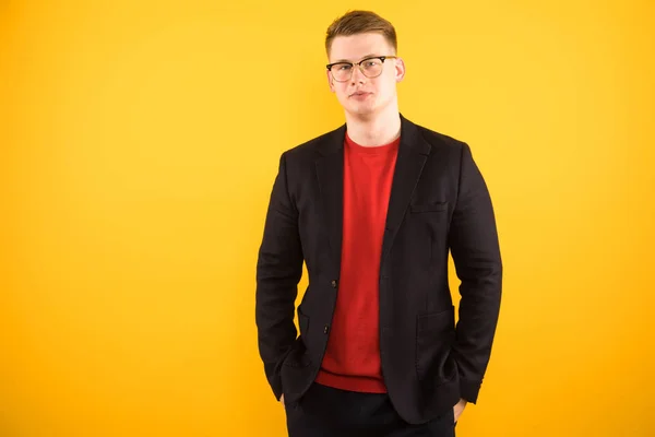 Handsome Blonde Guy Wearing Red Jumper Black Jacket Posing Looking — Stock Photo, Image