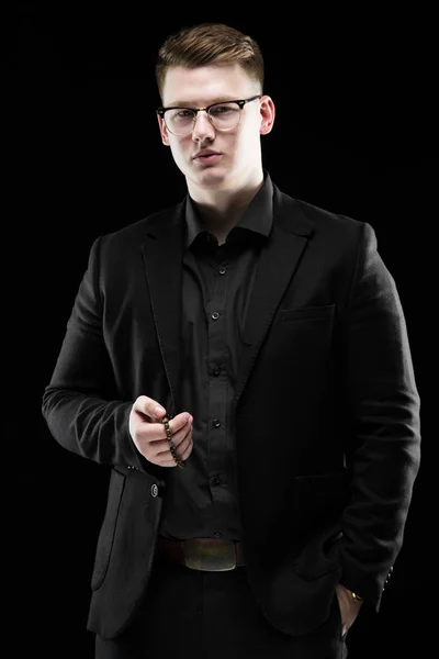 Handsome Confident Blonde Guy Wearing Black Suit Holding Bracelet — Stock Photo, Image