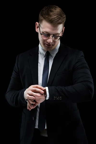 Blonde Guy Looking Wrist Watch Black Background — Stock Photo, Image