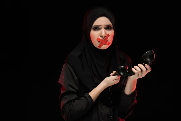 Young Scared Muslim Woman Red Cross Mouth Trying Call Help — Stock Photo, Image