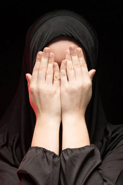 Young Muslim Woman Covering Face Hands — Stock Photo, Image
