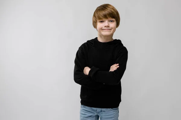 Cute Caucasian Boy Black Outfit Showing Different Expressions White Wall — Stock Photo, Image