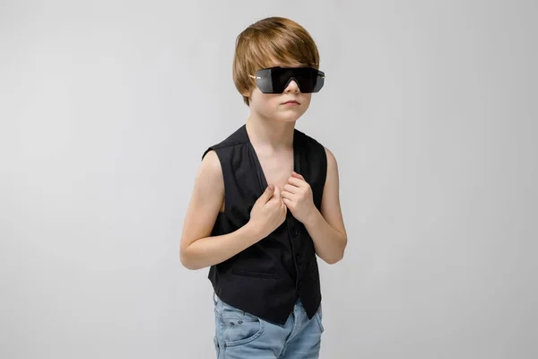 Cute Caucasian Boy Black Waistcoat Sunglasses Posing Different Expressions White — Stock Photo, Image