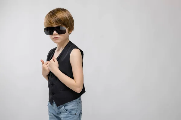 Cute Caucasian Boy Black Waistcoat Sunglasses Posing Different Expressions White — Stock Photo, Image