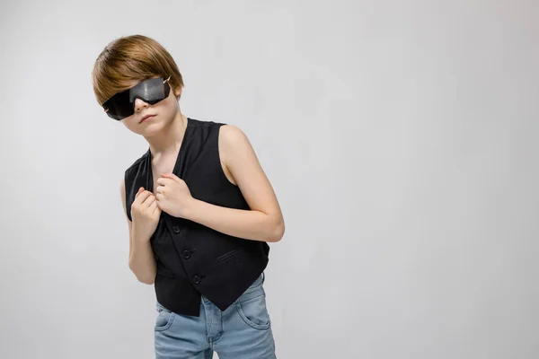 Cute Caucasian Boy Black Waistcoat Sunglasses Posing Different Expressions White — Stock Photo, Image