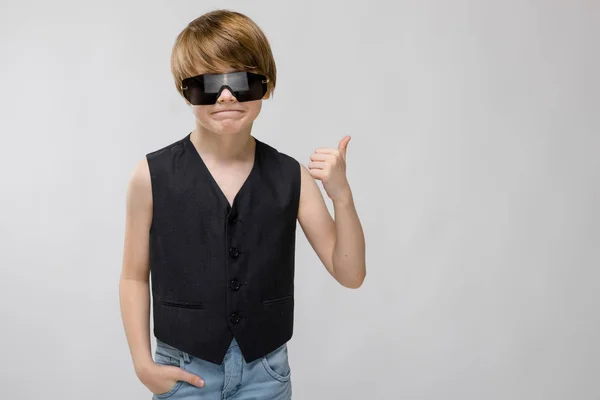 Cute Caucasian Boy Black Waistcoat Sunglasses Posing Different Expressions White — Stock Photo, Image
