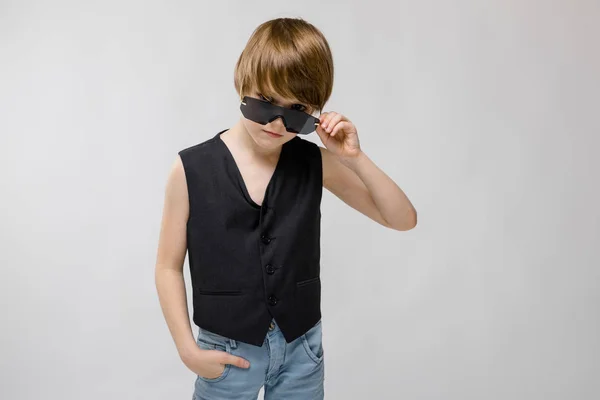 Cute Caucasian Boy Black Waistcoat Sunglasses Posing Different Expressions White — Stock Photo, Image