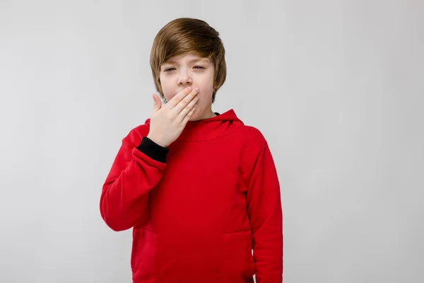 Mooi Preteen Blanke Jongen Casual Outfit Tonen Verschillende Uitdrukkingen Witte — Stockfoto