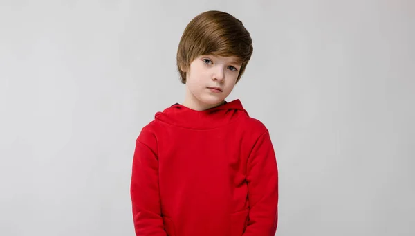 Bom Preteen Caucasiano Menino Casual Roupa Mostrando Diferentes Expressões Branco — Fotografia de Stock