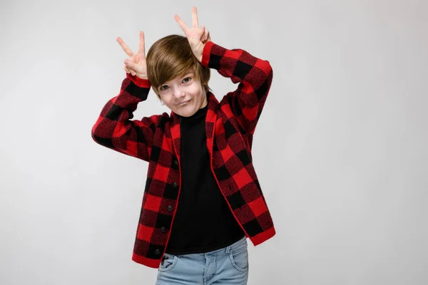 Nice Preteen Caucasian Boy Casual Outfit Showing Different Expressions White — Stock Photo, Image